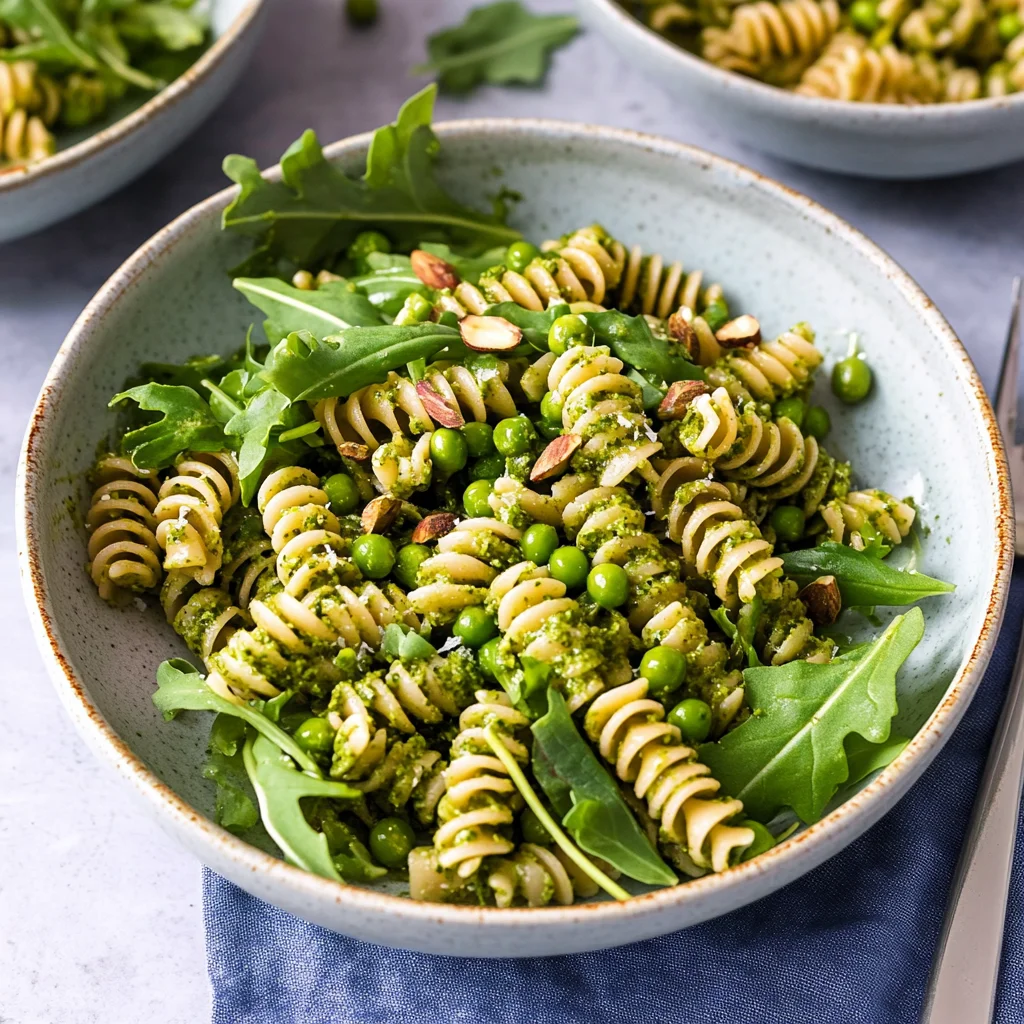 Pesto Pasta with Arugula, Asparagus, Peas, and Pistachios