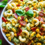Corn Pasta Salad with Turkey Bacon and Creamy Pesto Dressing