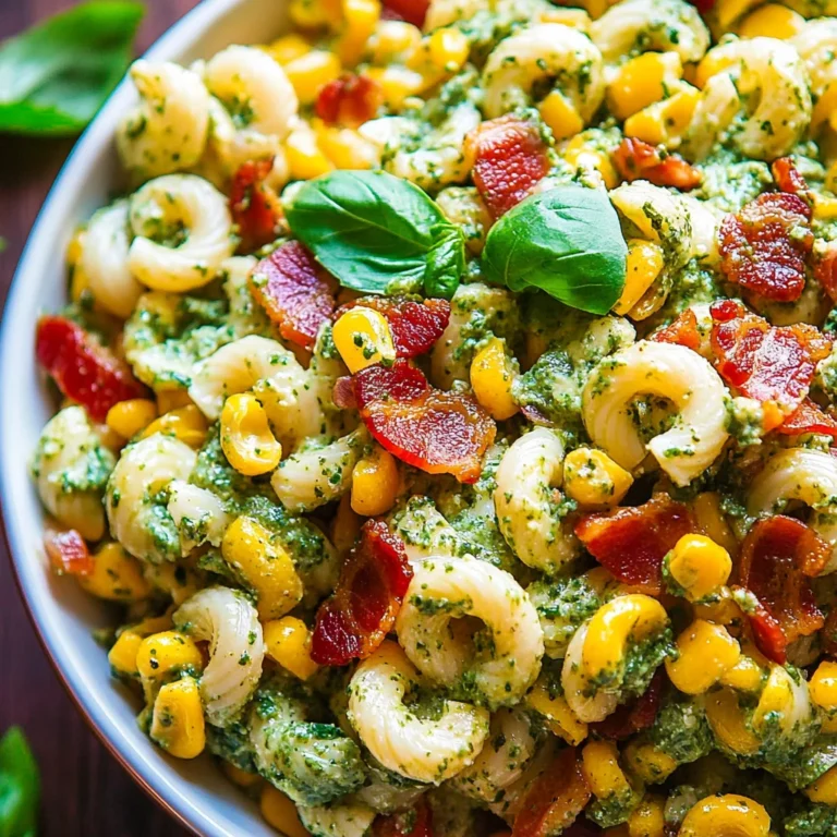 Corn Pasta Salad with Turkey Bacon and Creamy Pesto Dressing