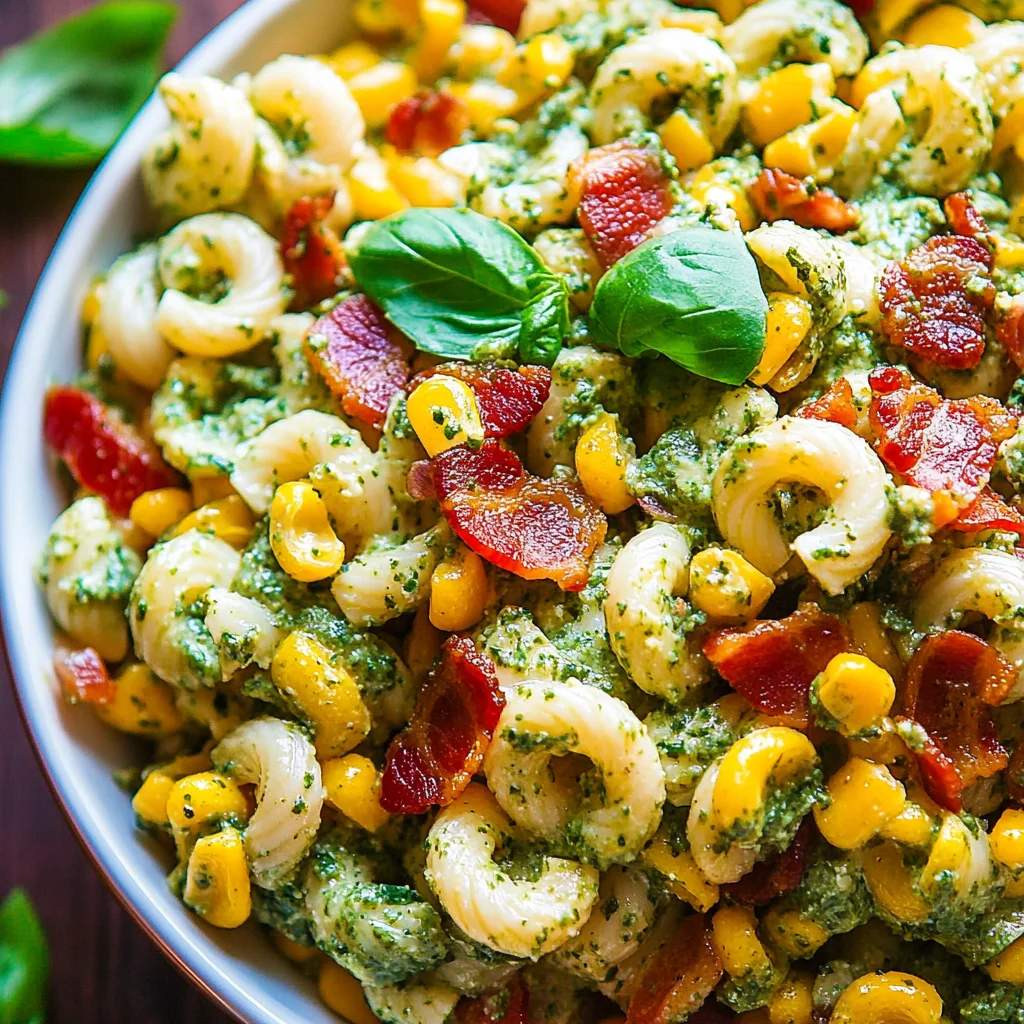 Corn Pasta Salad with Turkey Bacon and Creamy Pesto Dressing