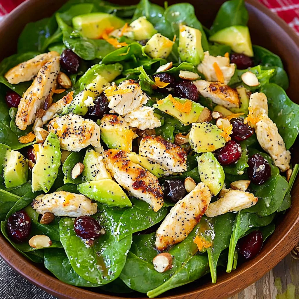 Cranberry Avocado Spinach Salad with Chicken and Orange Poppy Seed Dressing