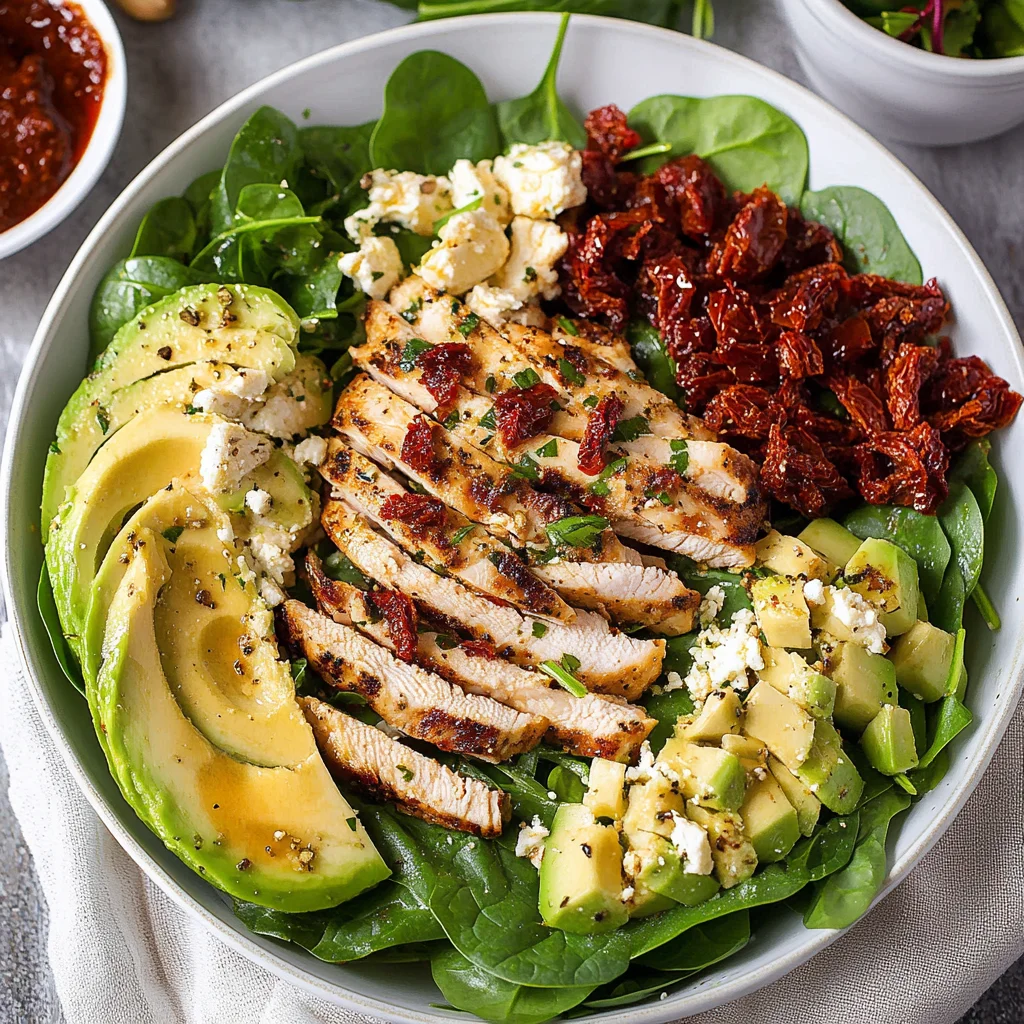 Grilled Chicken Sun Dried Tomato and Avocado Spinach Salad