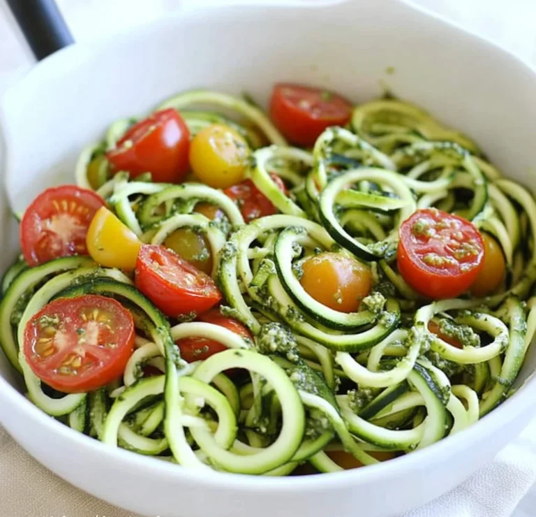 Raw Spiralized Zucchini Noodles with Tomatoes and Pesto