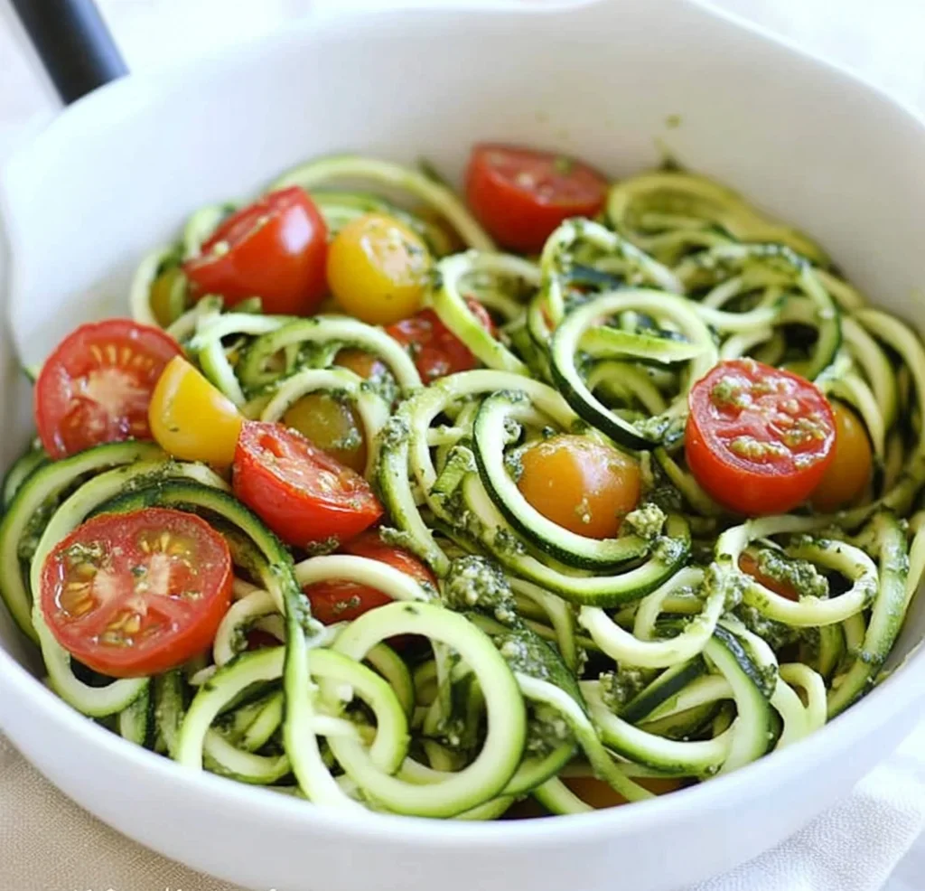 Raw Spiralized Zucchini Noodles with Tomatoes and Pesto