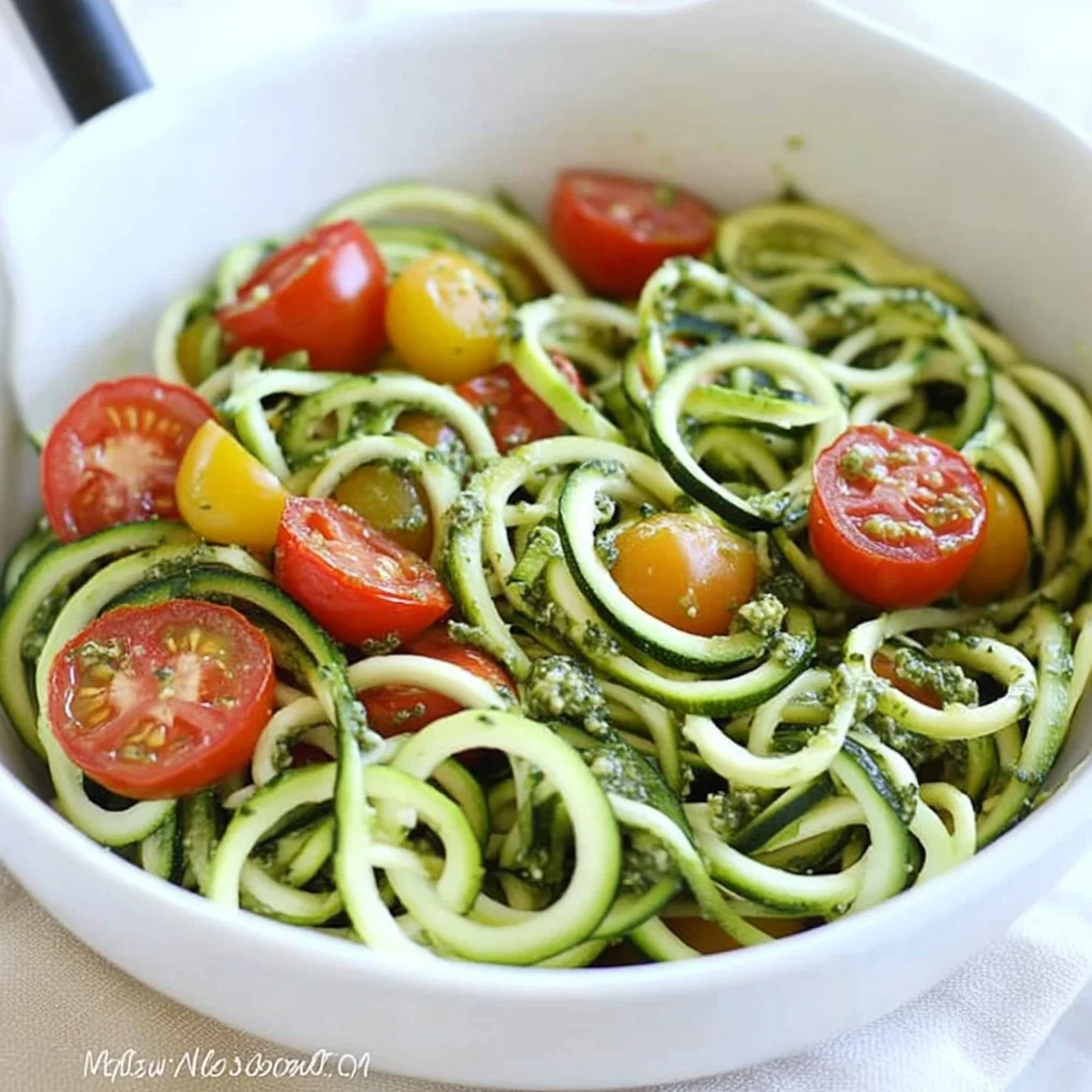 Raw Spiralized Zucchini Noodles with Tomatoes and Pesto