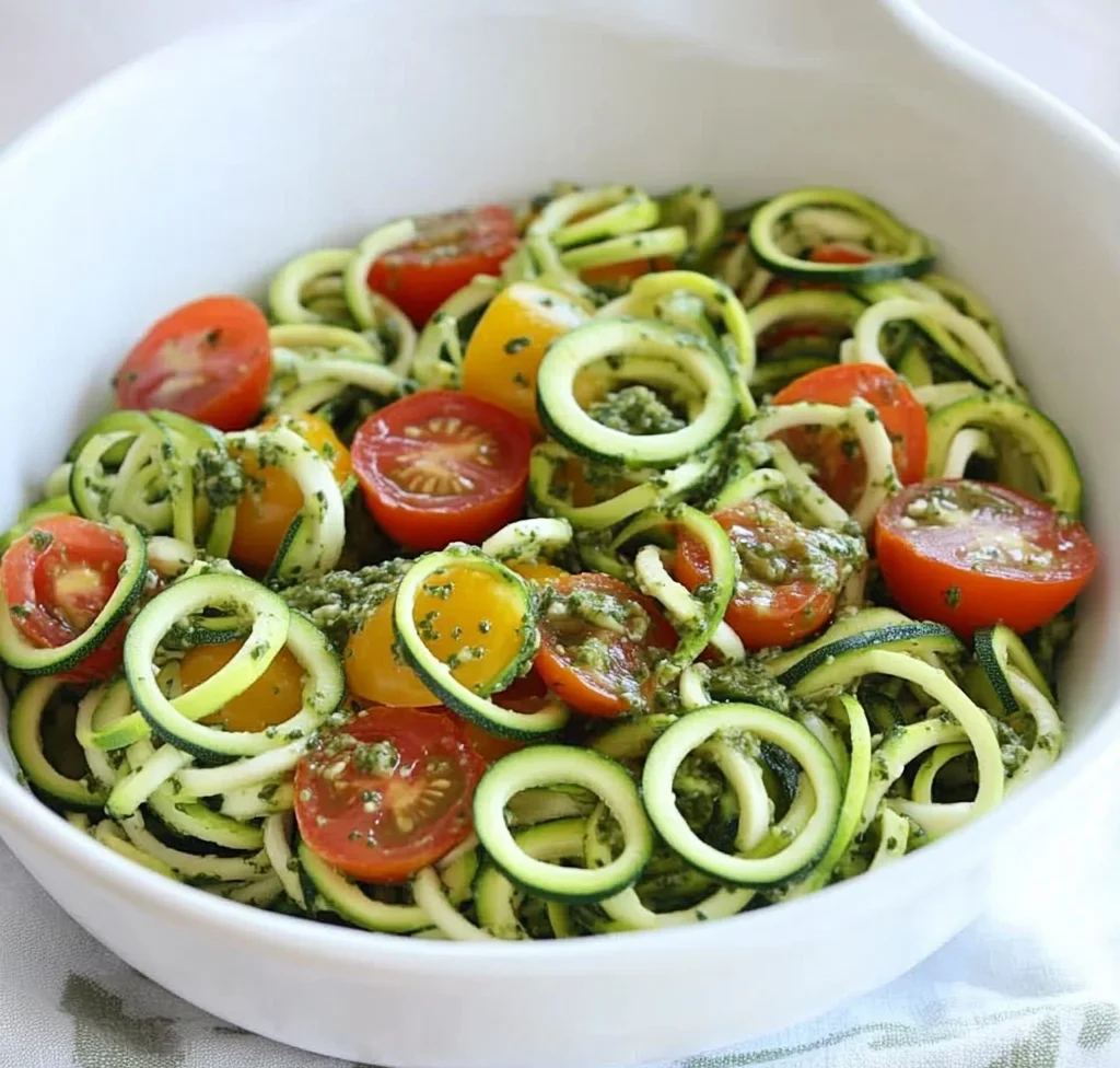 Raw Spiralized Zucchini Noodles with Tomatoes and Pesto