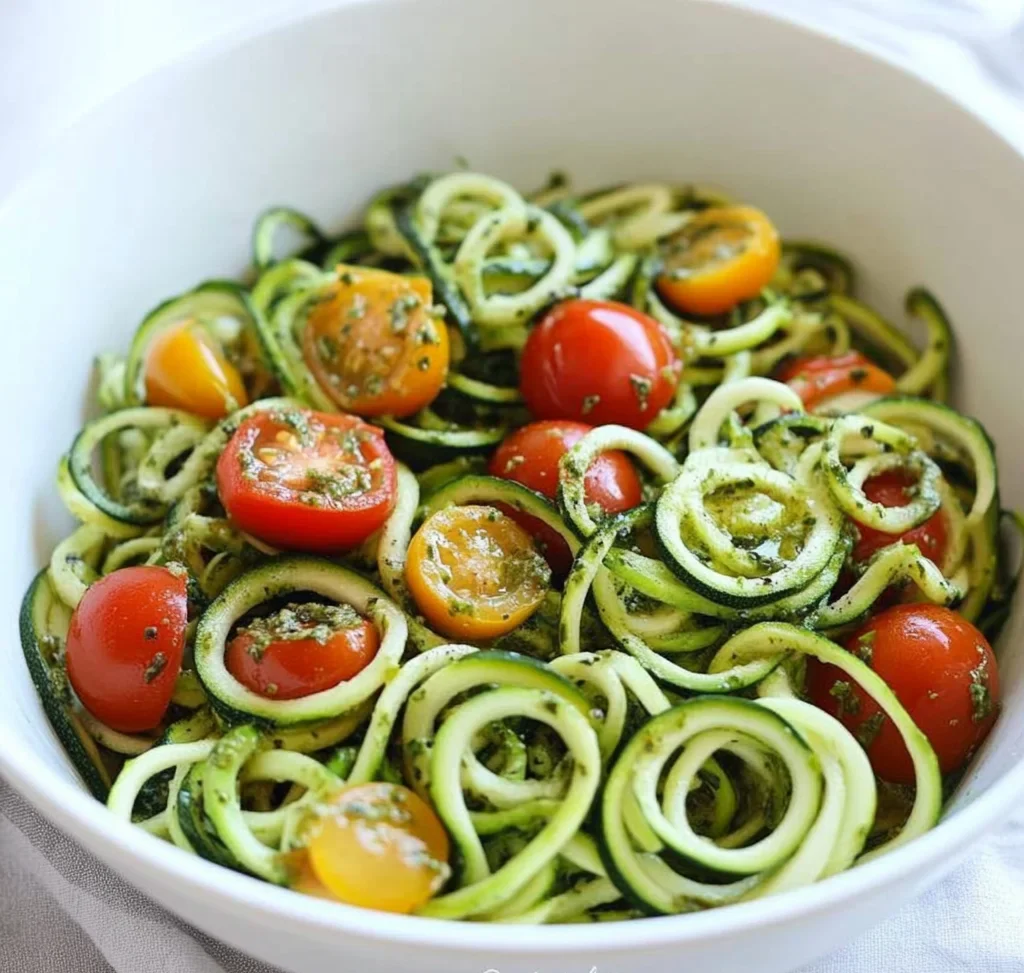 Raw Spiralized Zucchini Noodles with Tomatoes and Pesto