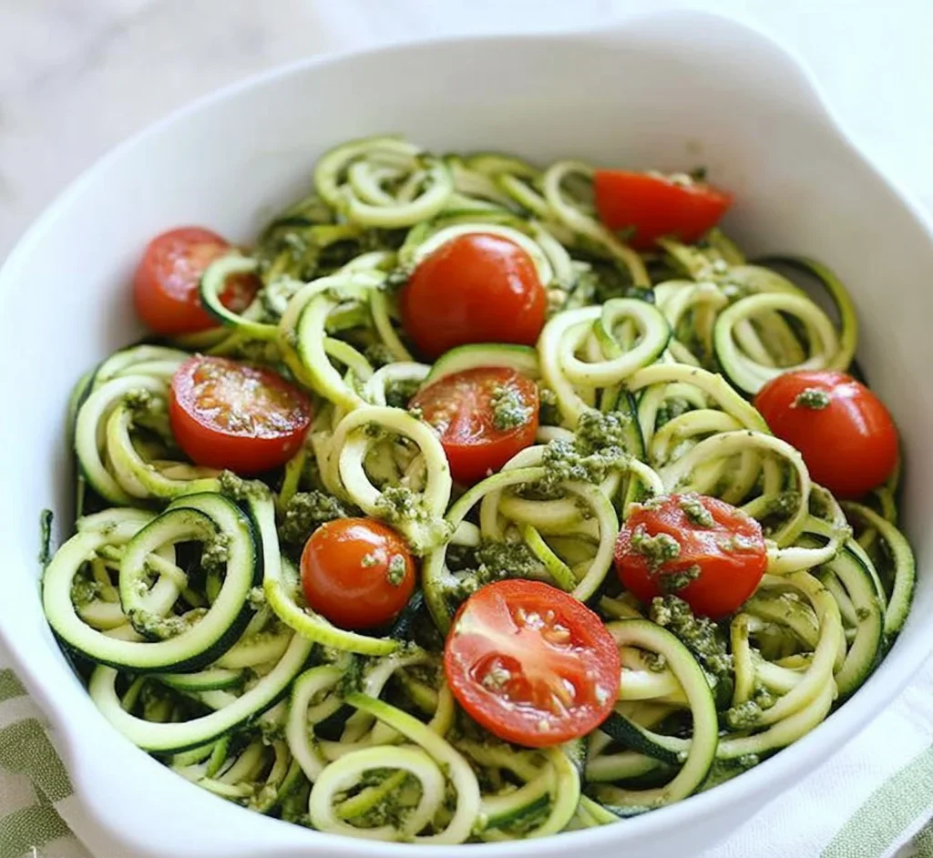 Raw Spiralized Zucchini Noodles with Tomatoes and Pesto