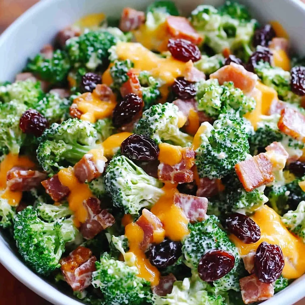 Broccoli Turkey Bacon Salad with Raisins and Cheddar Cheese
