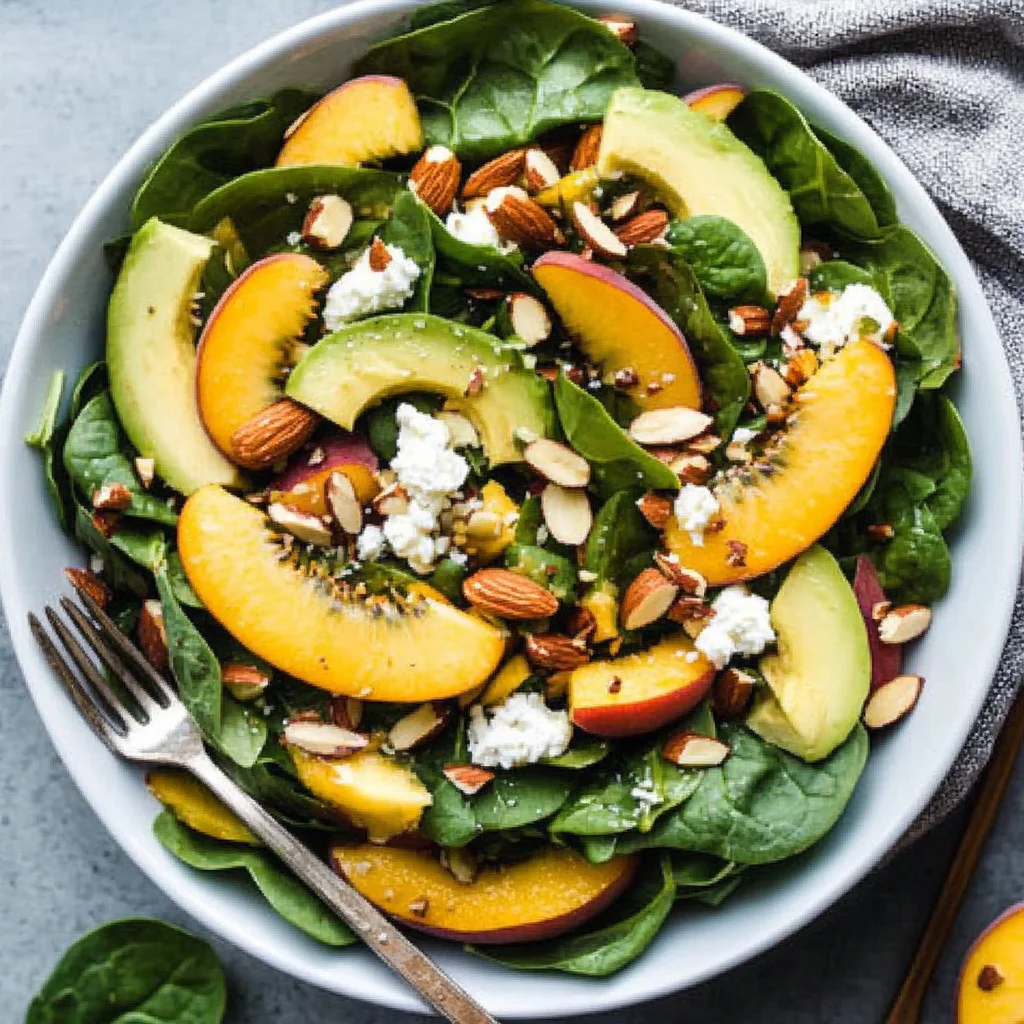 Summer Peach Spinach Salad with Avocado, Toasted Almonds + Goat Cheese