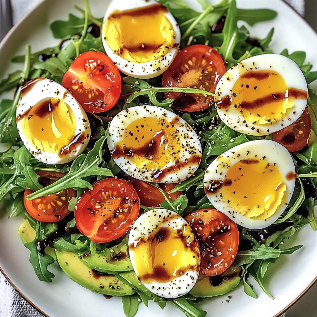 Avocado Arugula Salad with Jammy Eggs & Creamy Balsamic Drizzle