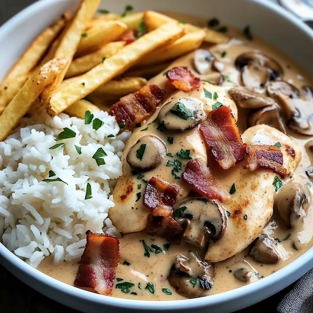 Creamy Chicken & Bacon Stroganoff with Garlic Naan, Rice & Crispy Fries