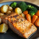 Garlic Butter Salmon with Roasted Potatoes, Glazed Carrots & Steamed Broccoli