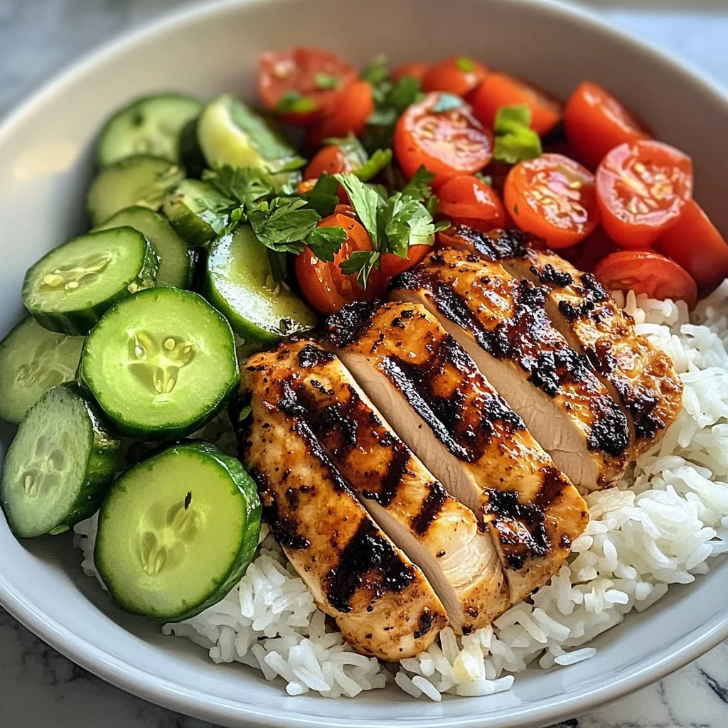 Grilled Chicken with Rice and Fresh Tomato-Cucumber Salad