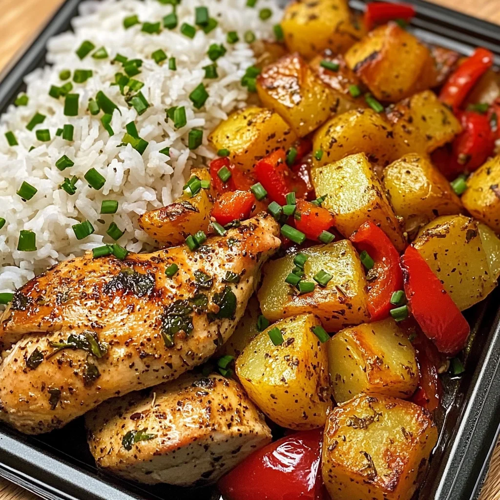 Savory Herb Chicken with Roasted Potatoes, Bell Peppers & Steamed Rice