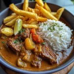 Slow-Cooked Beef Coconut Curry with Rice & Crispy Fries