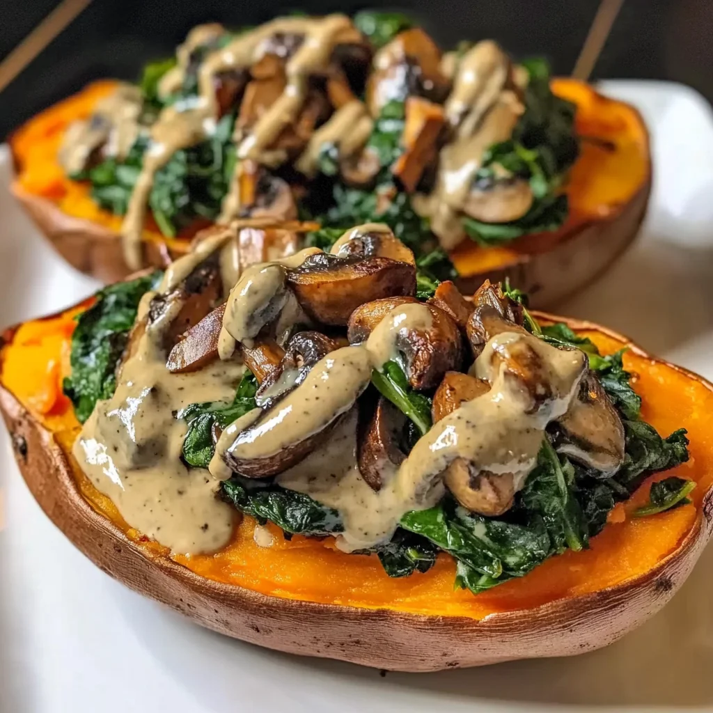 Creamy Mushroom and Spinach Stuffed Sweet Potatoes