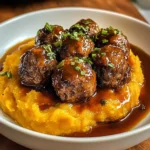 Enjoy Irresistible beef Meatballs with Sweet Potato Mash & Bourbon-Maple Sauce