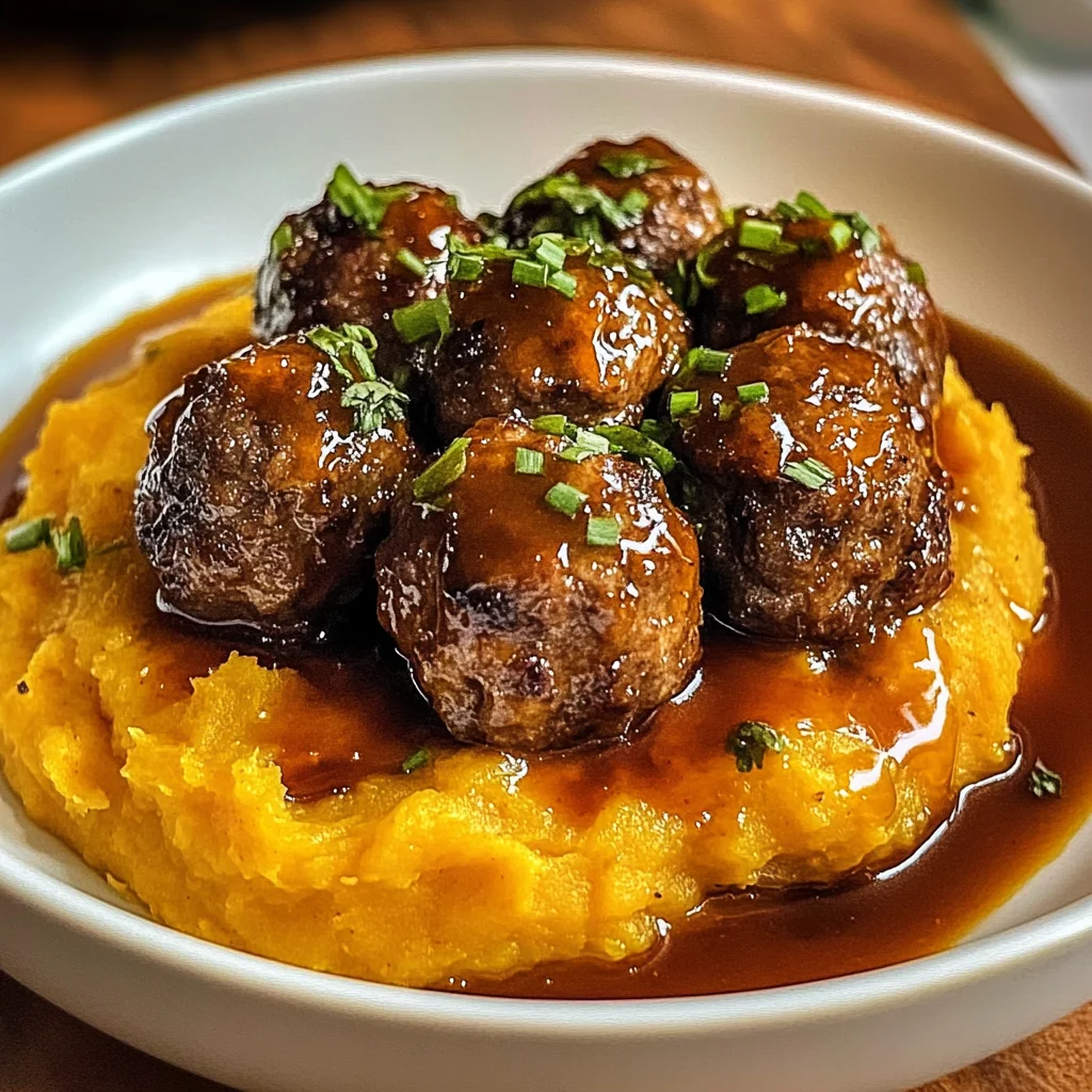 Enjoy Irresistible beef Meatballs with Sweet Potato Mash & Bourbon-Maple Sauce
