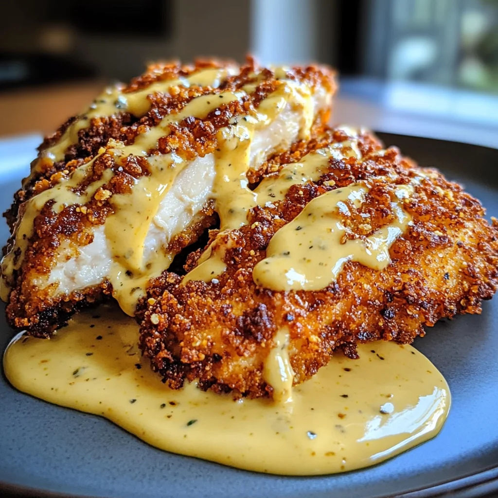 Savory Pretzel Chicken with Mustard-Cheddar Sauce Delight