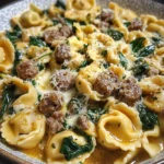 Garlic Butter Tortellini in Creamy Sauce with Beef, Italian Sausage & Spinach