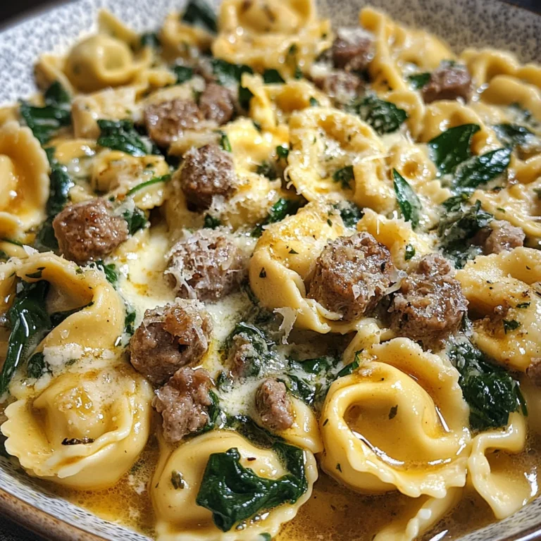 Garlic Butter Tortellini in Creamy Sauce with Beef, Italian Sausage & Spinach