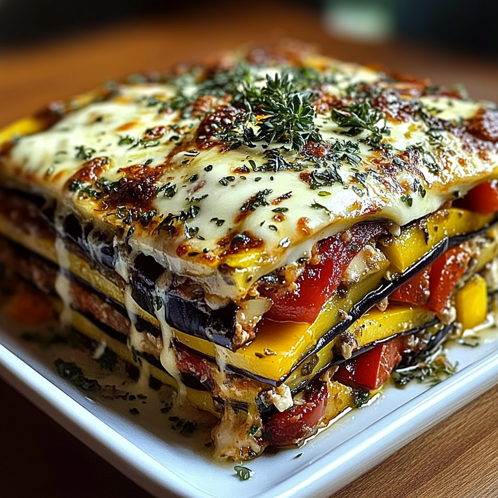 Delicious Layered Mediterranean Eggplant Zucchini Lasagna with Creamy Three-Cheese Drizzle